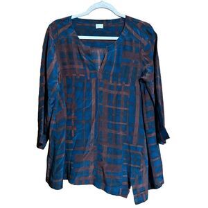 POETRY Top Womens 8 Multicolor Plaid Artsy Silk Split Neck Popover Blouse Ladies